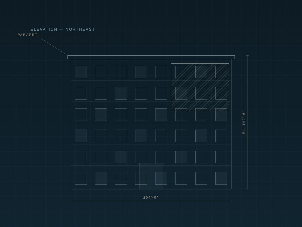 Technical elevation drawing of a commercial building with a hatched damage zone and measurement lines